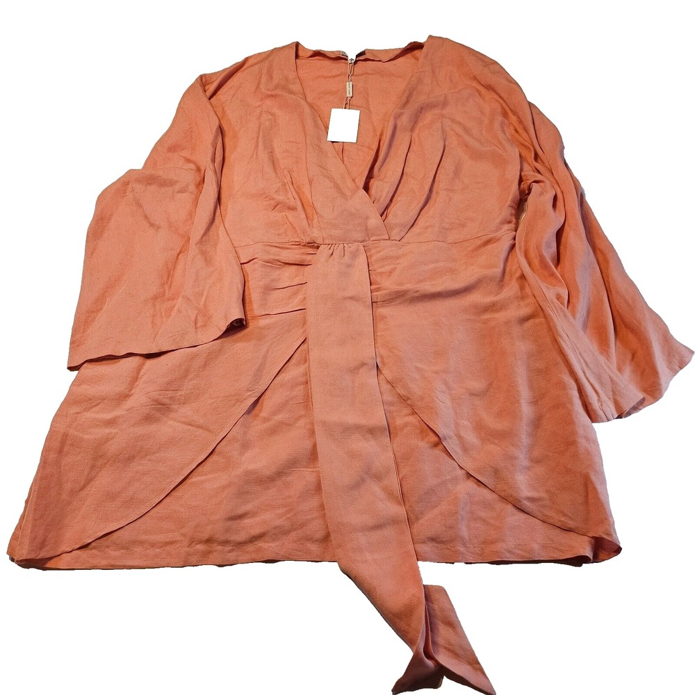 Pretty Lavish Front Knot Faux Wrap Dress Coral Linen Blend Plus Size 20 NEW